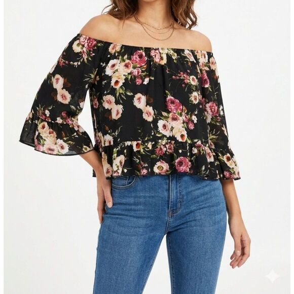 Free Kisses Tops - Floral Off Shoulder Peasant Blouse Top Free Kisses Black Size M Whimsigoth Boho